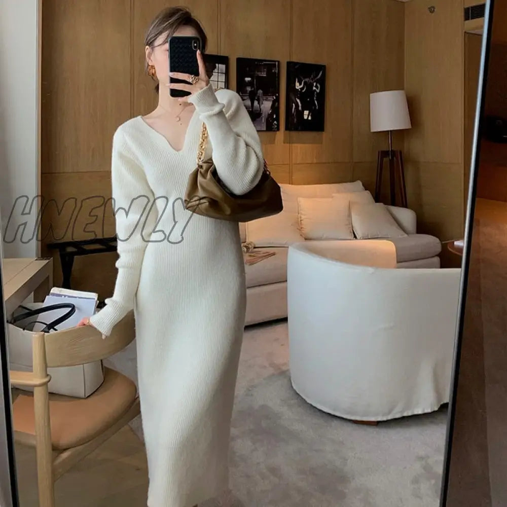 Hnewly Winter Long Knitting Dress Women V - Neck Designer Sleeve Bodycon Korean Office Lady High