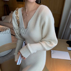Hnewly Winter Long Knitting Dress Women V - Neck Designer Sleeve Bodycon Korean Office Lady High