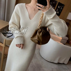 Hnewly Winter Long Knitting Dress Women V - Neck Designer Sleeve Bodycon Korean Office Lady High