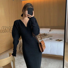 Hnewly Winter Long Knitting Dress Women V - Neck Designer Sleeve Bodycon Korean Office Lady High