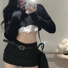 Hnewly Winter New High Street Fashion Black Knitted Long-Sleeved Sweater Women + Casual Shirt +