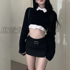 Hnewly Winter New High Street Fashion Black Knitted Long-Sleeved Sweater Women + Casual Shirt +