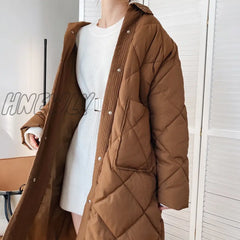 Hnewly Winter New Korean Style Long Cotton - Padded Coat Women’s Casual Stand - Up Collar Argyle