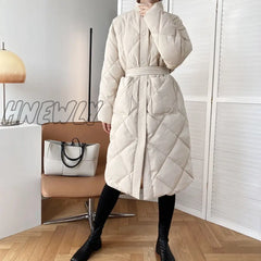 Hnewly Winter New Korean Style Long Cotton - Padded Coat Women’s Casual Stand - Up Collar Argyle