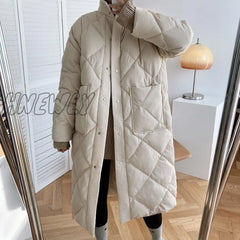 Hnewly Winter New Korean Style Long Cotton - Padded Coat Women’s Casual Stand - Up Collar Argyle