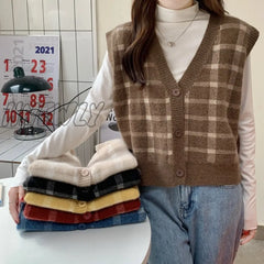Hnewly Winter Plaid Sweater Vest Women Autumn/Winter Retro Loose - Fitting Pullover Sleeveless