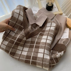 Hnewly Winter Plaid Sweater Vest Women Autumn/Winter Retro Loose - Fitting Pullover Sleeveless