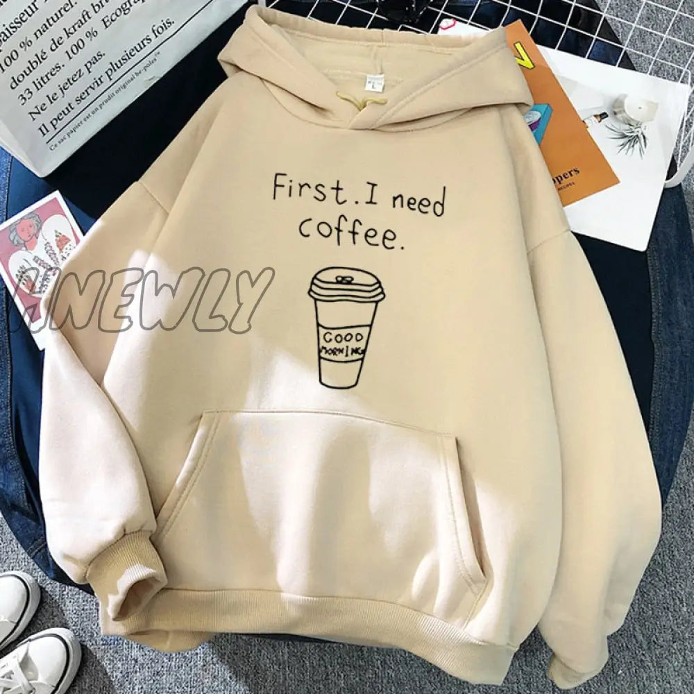 Hnewly Winter Street Style Autumn Women Harajuku Hoodies First I Need Coffee Letter Sweatshirt Long