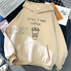 Hnewly Winter Street Style Autumn Women Harajuku Hoodies First I Need Coffee Letter Sweatshirt Long