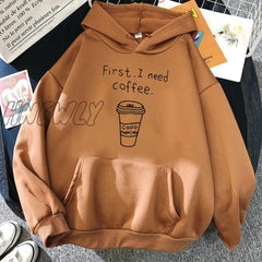 Hnewly Winter Street Style Autumn Women Harajuku Hoodies First I Need Coffee Letter Sweatshirt Long