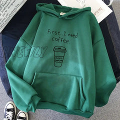 Hnewly Winter Street Style Autumn Women Harajuku Hoodies First I Need Coffee Letter Sweatshirt Long