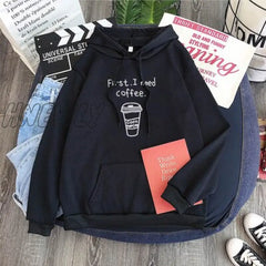 Hnewly Winter Street Style Autumn Women Harajuku Hoodies First I Need Coffee Letter Sweatshirt Long