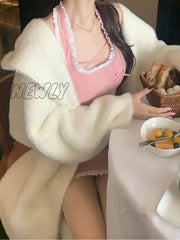 Hnewly Winter Sweater Coats With Hooded Women Pure Color Y2K Clothing Korean Fashion Outwear