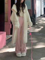 Hnewly Winter Sweater Coats With Hooded Women Pure Color Y2K Clothing Korean Fashion Outwear