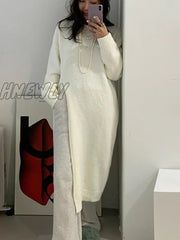 Hnewly Winter Women Dress Oversize Dresses Knitting Fall Sweater Long Sleeve Knitted Maxi Vintage