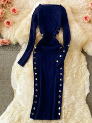 Hnewly Winter Women’s Knitted Sweater Dresses O-Neck Long Sleeve Slim Side Double Row Buckle Hip