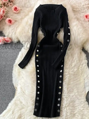 Hnewly Winter Women’s Knitted Sweater Dresses O-Neck Long Sleeve Slim Side Double Row Buckle Hip