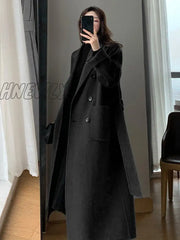 Hnewly Winter Woolen Long Coat Casual Women Double Breasted Faux Wool Jacket Fall Fashion Korean