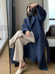 Hnewly Winter Woolen Long Coat Casual Women Double Breasted Faux Wool Jacket Fall Fashion Korean