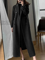 Hnewly Winter Woolen Long Coat Casual Women Double Breasted Faux Wool Jacket Fall Fashion Korean
