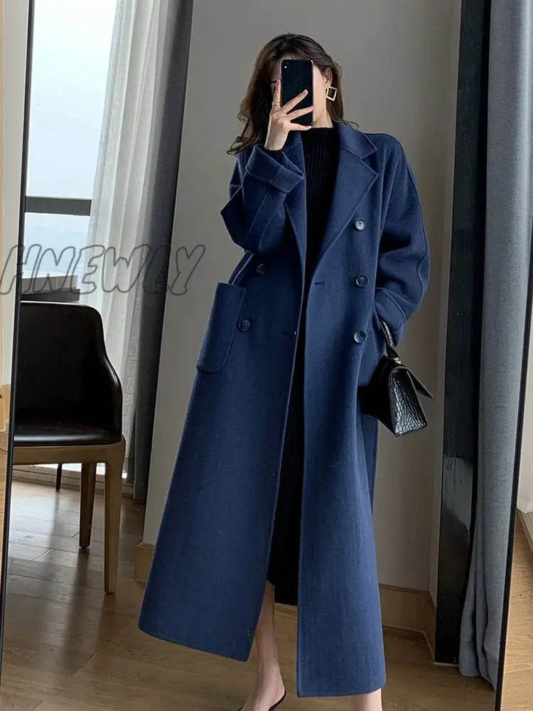 Hnewly Winter Woolen Long Coat Casual Women Double Breasted Faux Wool Jacket Fall Fashion Korean