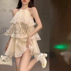 Hnewly Woman Dress Elegant Sweet Sleeveless Ruffles Mesh Loose Summer New Cake Mini Dresses Solid