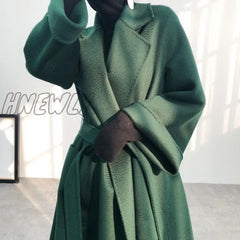 Hnewly Woman Long Coat Water Wave Cashmere Double-Sided Tweed Women’s Medium And Pure Color Wool