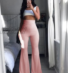 Hnewly Woman Pants Hippie High Waist Bell Bottoms Ladies Stretch Flare Trousers Solid Color Spring