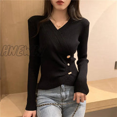 Hnewly Woman Sweaters Femme Chandails Knitted Autumn And Winter Short Top V - Neck Slim Fit Sweater
