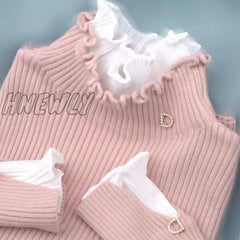 Hnewly Woman Sweaters Women’s Turtleneck Sweater Short Autumn Winter Lace Ruffled Femme Chandails