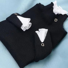 Hnewly Woman Sweaters Women’s Turtleneck Sweater Short Autumn Winter Lace Ruffled Femme Chandails