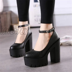 Hnewly Woman Thick High Heels Shoes Ladies Sexy Platform Pumps Gothic Punk Style Ankle Strap Casual