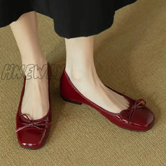 Hnewly Woman’s Flats Patent Leather Ballet Bowtie Boat Shoes Low Heels Slip On Flat Woman Black