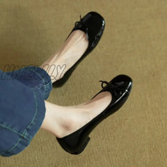Hnewly Woman’s Flats Patent Leather Ballet Bowtie Boat Shoes Low Heels Slip On Flat Woman Black