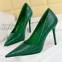 Hnewly Women 10Cm High Heels Stiletto Pumps Pointed Toe Green Nude Office Lady Serpentine Patent