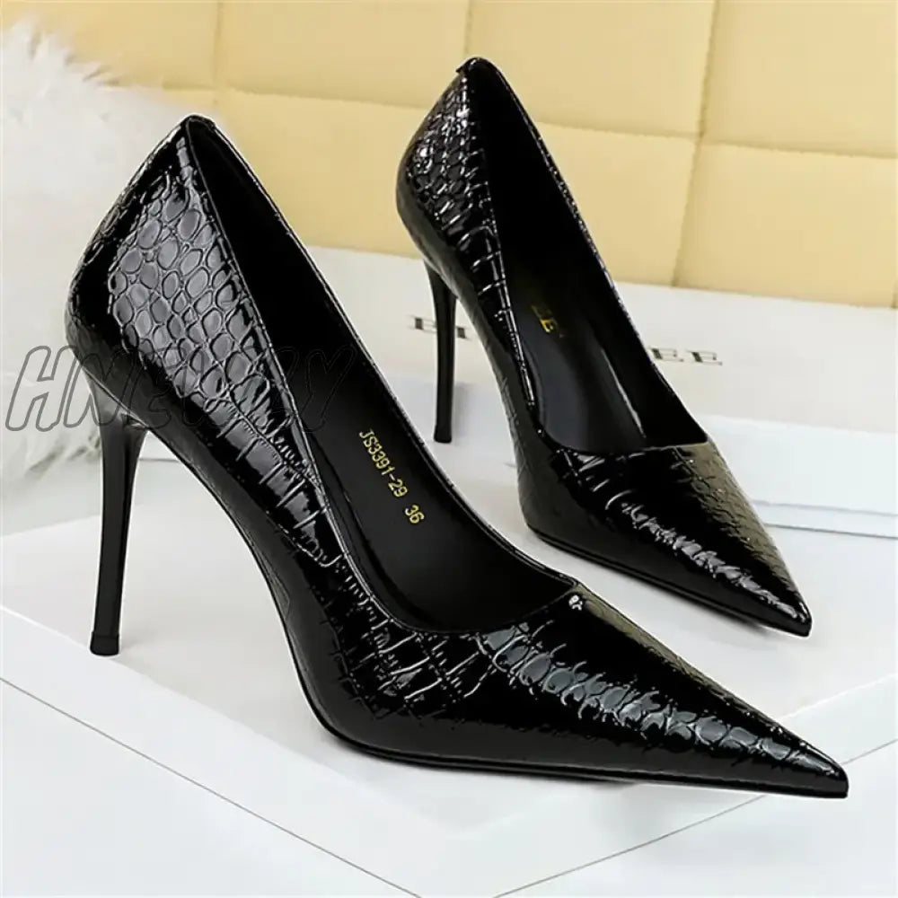 Hnewly Women 10Cm High Heels Stiletto Pumps Pointed Toe Green Nude Office Lady Serpentine Patent