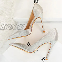 Hnewly Women 7.5Cm 10.5Cm High Heels Elegant Pumps Lady Plus Size Silk Satin Green Silver Wedding
