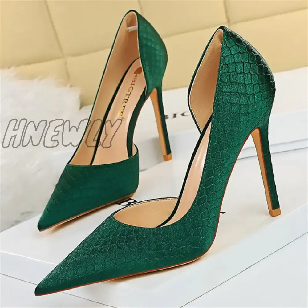 Hnewly Women 7.5Cm 10.5Cm High Heels Elegant Pumps Lady Plus Size Silk Satin Green Silver Wedding