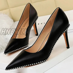 Hnewly Women 7.5Cm 10.5Cm High Heels Studded Rivets Pumps Lady Fetish Stiletto Middle Low Scarpins