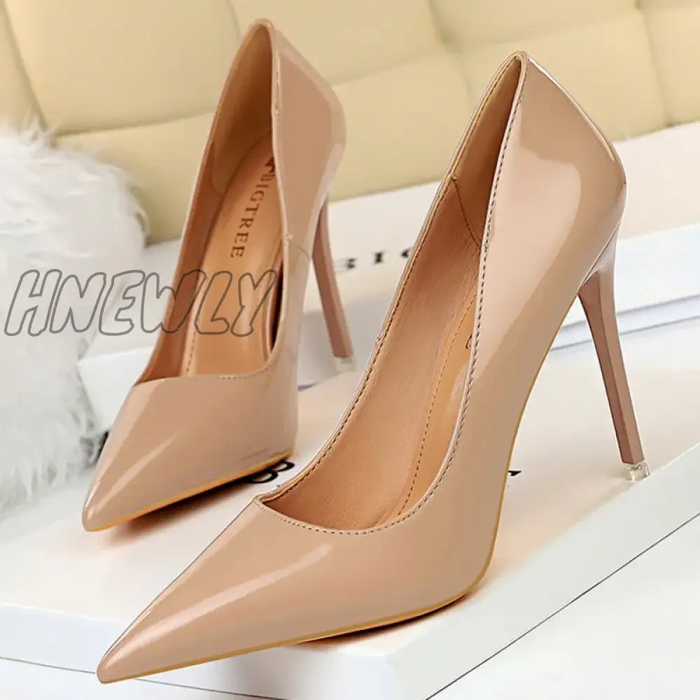 Hnewly Women 7.5Cm 10.5Cm High Heels Wedding Bridal Classic Pumps Lady Scarpins Metallic Leather