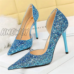 Hnewly Women 7Cm 10.5Cm Super High Heels Blue Gold Pumps Sexy Sequins Bling Low Lady Scarpins