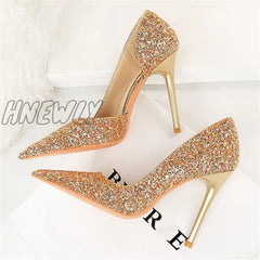 Hnewly Women 7Cm 10.5Cm Super High Heels Blue Gold Pumps Sexy Sequins Bling Low Lady Scarpins