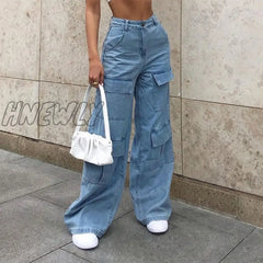 Hnewly Women 90S Y2K Patchwork Wide Leg Mom Jeans Big Pocket Cargo Pants Vintage Mopping Casual