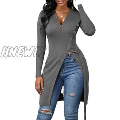 Hnewly Women Asymmetrical Long Thread Knitted T-Shirts Casual V Neck Zip Sleeve Side Split Slim Tee