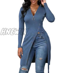 Hnewly Women Asymmetrical Long Thread Knitted T-Shirts Casual V Neck Zip Sleeve Side Split Slim Tee