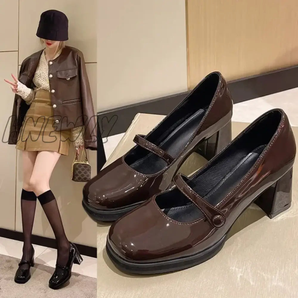 Women Autumn New Black Pu Leather Mary Jane Pumps Buckle Square Toe Shoes Female Med Thick Heels