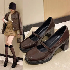 Women Autumn New Black Pu Leather Mary Jane Pumps Buckle Square Toe Shoes Female Med Thick Heels