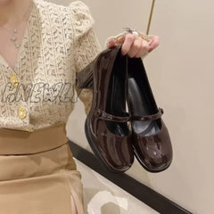 Women Autumn New Black Pu Leather Mary Jane Pumps Buckle Square Toe Shoes Female Med Thick Heels