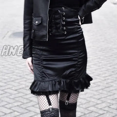 Hnewly Women Black Bodycon Pencil Skirts Gothic Punk High Waist Bandage Fishtail Ruffles Hip Skirt