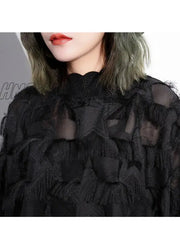 Hnewly Women Black Feather Split Big Size Dress New V-Neck Three-Quarter Sleeve Loose Fit Fashion